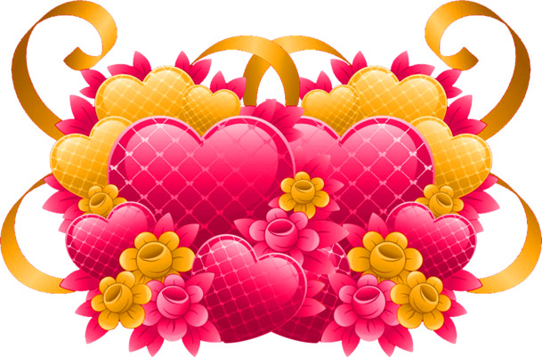 粉色黄色爱心花朵金色彩带-情人节高清PNG透明图片设计素材免费下载