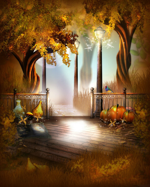 黄色树林木板小路高清PNG透明H5背景设计素材免费下载