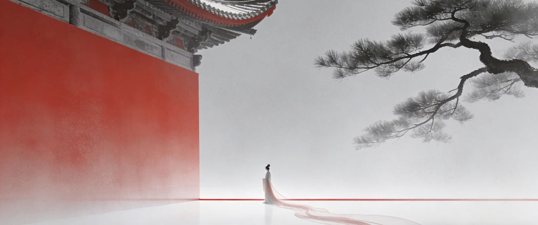 简约古风女子长裙倚树高墙4K动漫高清3440x1440带鱼屏壁纸免费下载