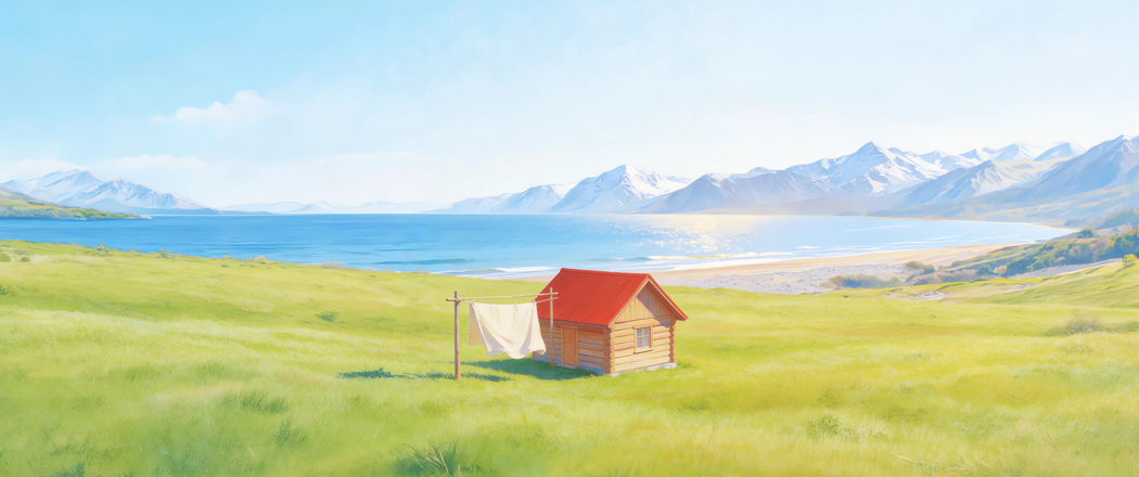 蓝天湖水雪山绿草地小木屋4K高清风景壁纸3440x1440免费下载