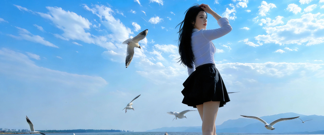 蓝天白云海边长发美女白色上衣黑色裙子4K高清壁纸3440x1440免费下载