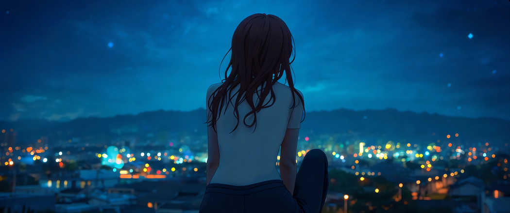 夜晚小镇灯光 女孩坐着背影3440x1440带鱼屏动漫壁纸