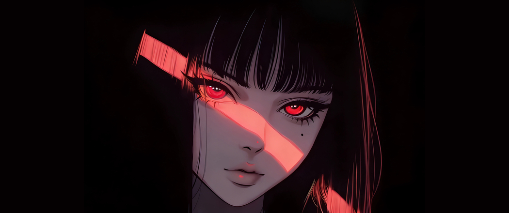 红色眼睛动漫女孩 光影 黑色背景 3440x1440带鱼屏壁纸