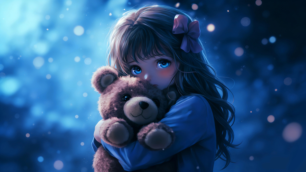 可爱蓝色眼睛小女孩抱小熊 蓝色背景4K动漫高清壁纸3840x2160免费下载