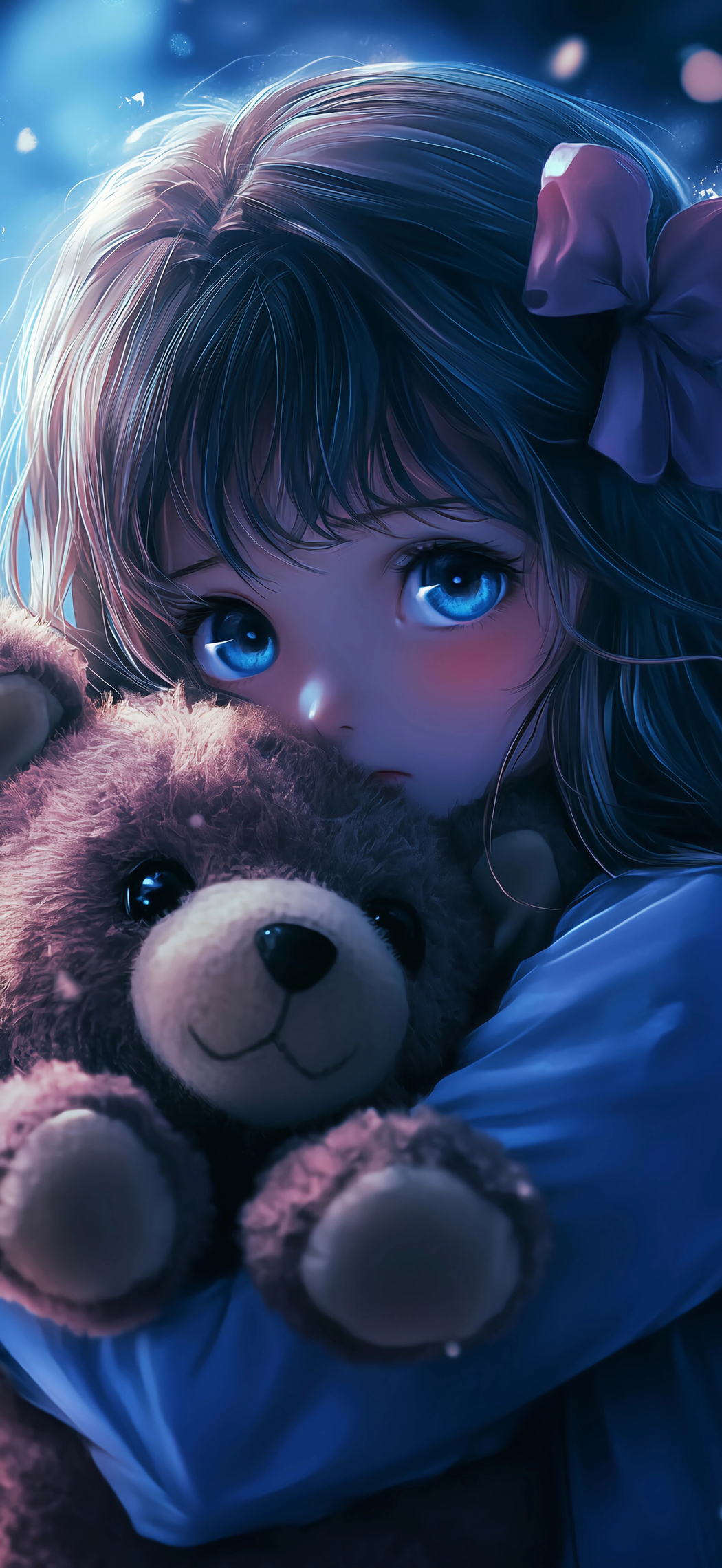 可爱女孩蓝色眼睛抱小熊 4K竖屏动漫手机高清壁纸1768x3840免费下载