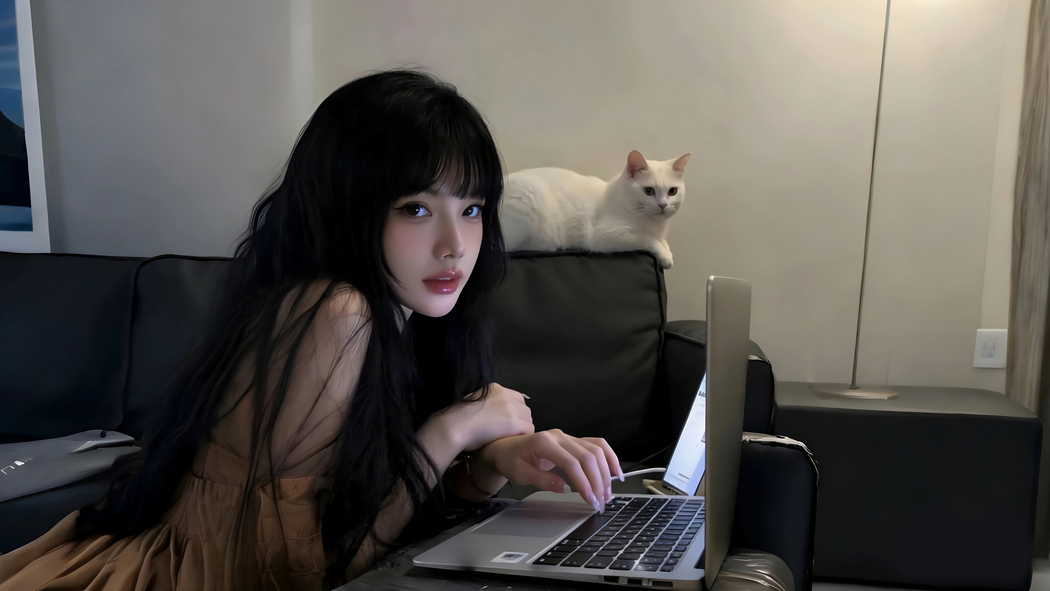 居家美女与白猫4K高清笔记本电脑壁纸3840x2160免费下载