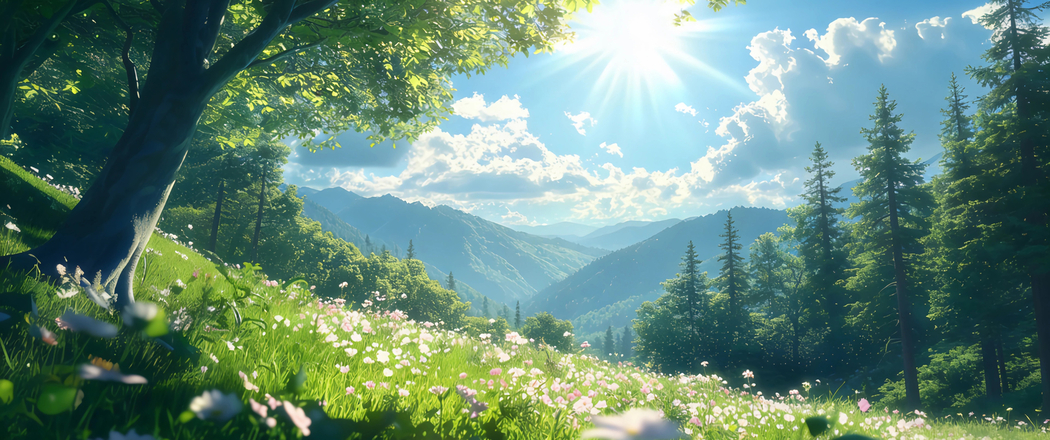 晴空树林鲜花4K高清3440x1440带鱼屏风景壁纸免费下载 晴空树林鲜花4K高清3440x1440带鱼屏风景壁纸免费下载