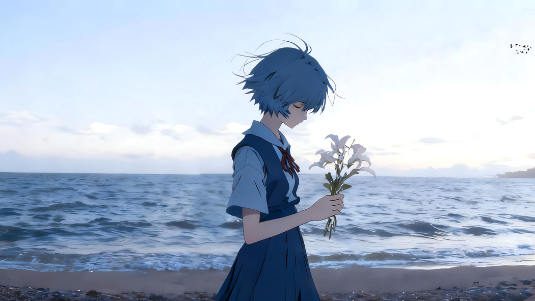 绫波丽蓝色短发白花大海海边4K动漫高清壁纸3840x2160免费下载