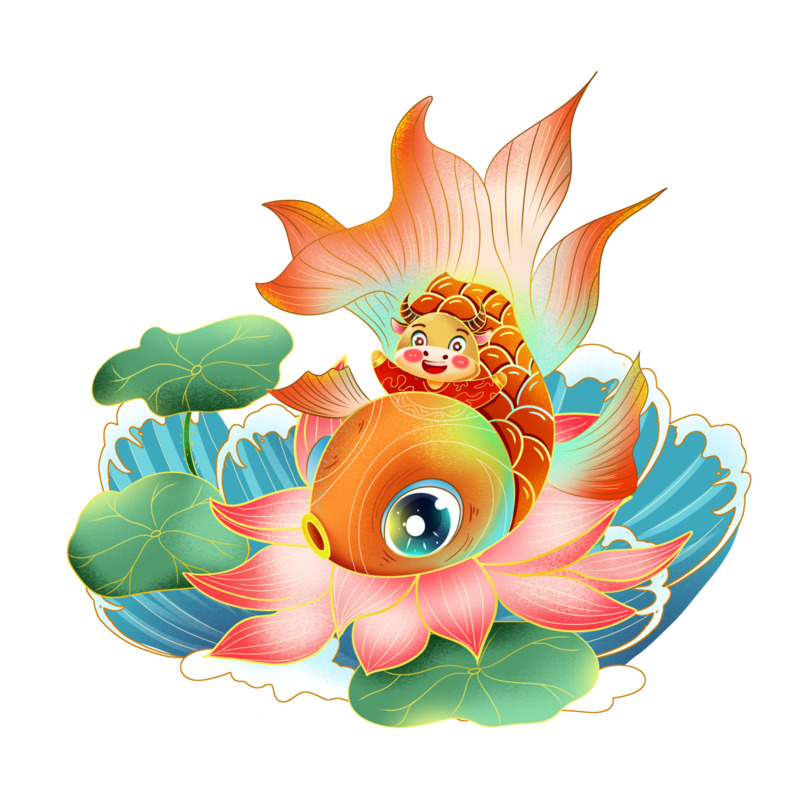 国潮水绘年年有鱼高清PNG透明漂浮元素设计素材免费下载