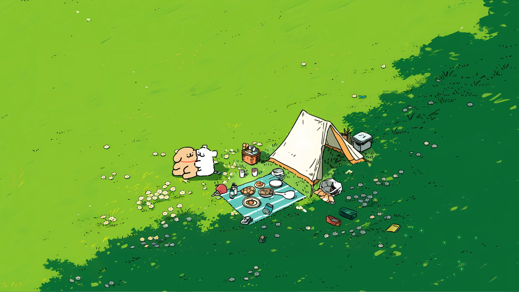 绿草地树荫线条小狗露营野餐4K动漫高清电脑壁纸3840x2160免费下载 绿草地树荫线条小狗露营野餐4K动漫高清电脑壁纸3840x2160免费下载