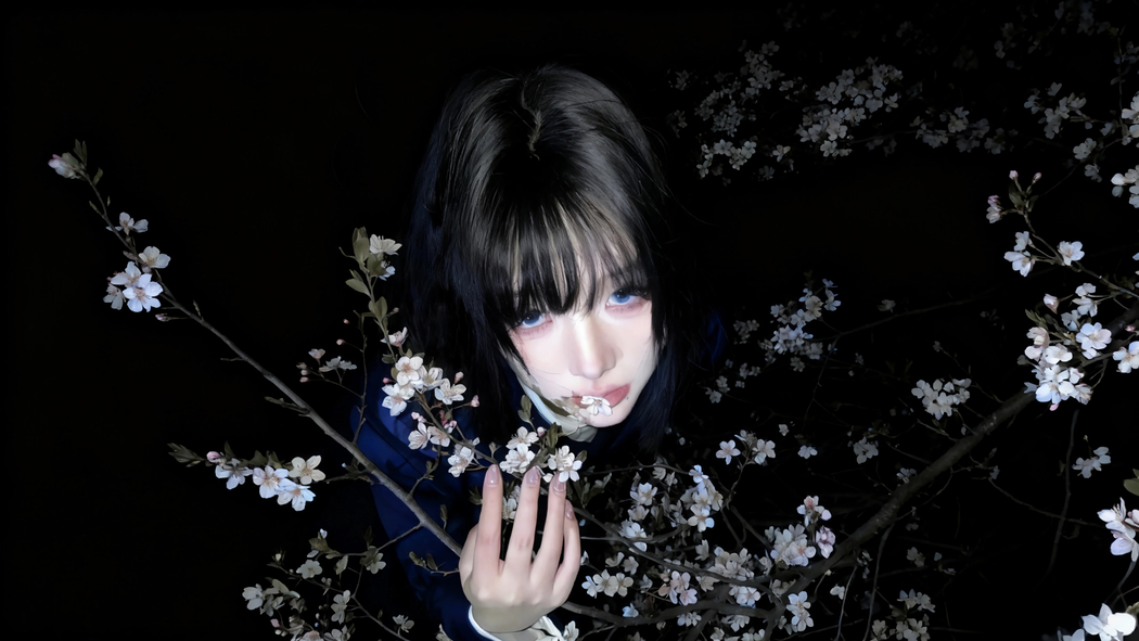 蓝色眼睛少女夜晚花树暗黑背景4K高清美女壁纸3840x2160免费下载 蓝色眼睛少女夜晚花树暗黑背景4K高清美女壁纸3840x2160免费下载