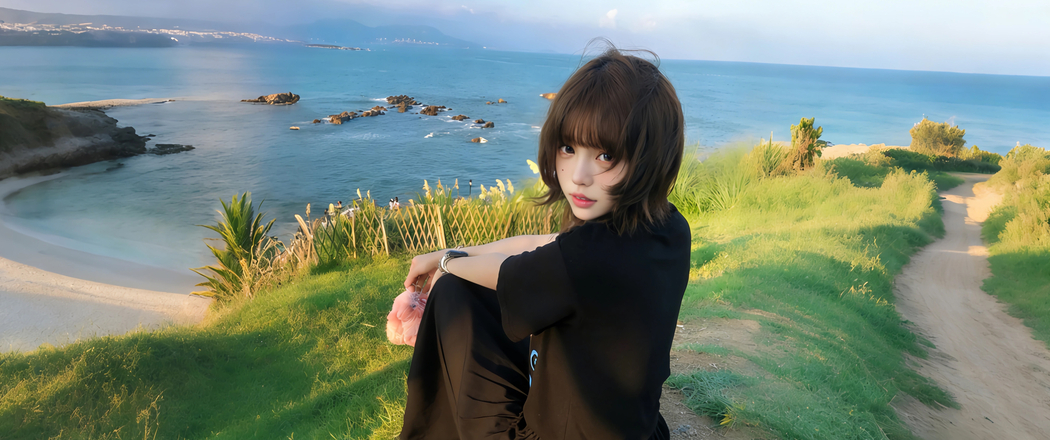 海边绿草地坐姿美女 4K高清3440x1440带鱼屏壁纸免费下载