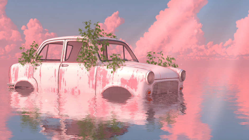 水中粉色旧车4K高清风景壁纸3840x2160免费下载