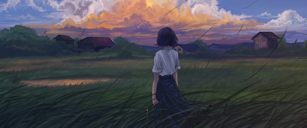 短发女生与云朵田野房子4K带鱼屏动漫风景壁纸3440x1440免费下载 短发女生与云朵田野房子4K带鱼屏动漫风景壁纸3440x1440免费下载