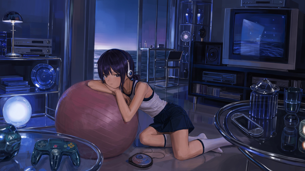 动漫女孩短发戴耳机室内健身球听音乐4K高清壁纸3840x2160免费下载 动漫女孩短发戴耳机室内健身球听音乐4K高清壁纸3840x2160免费下载