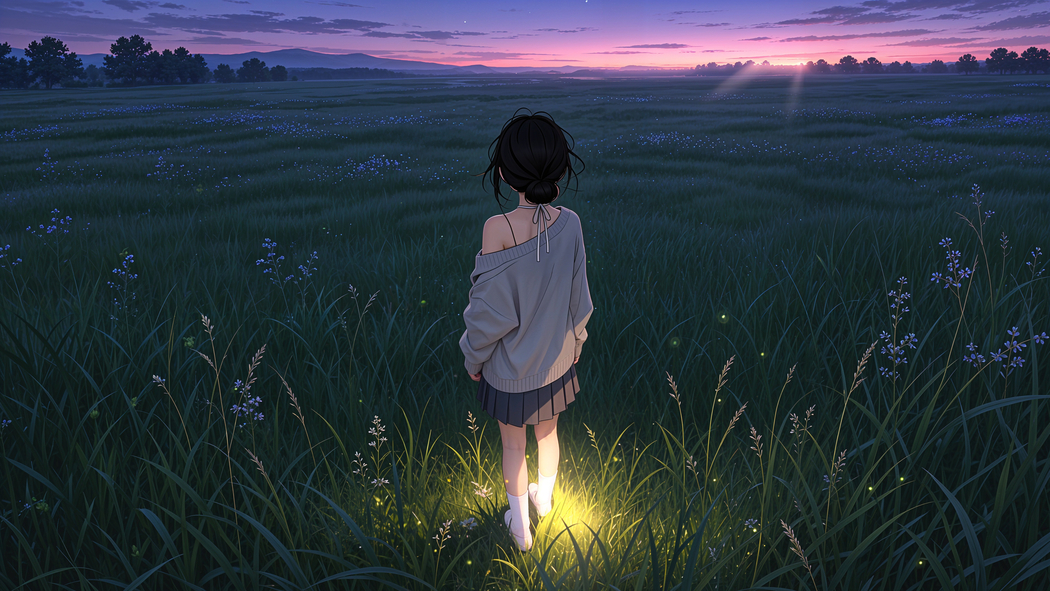 晚上绿草地女孩背影光影唯美4K动漫高清壁纸3840x2160免费下载