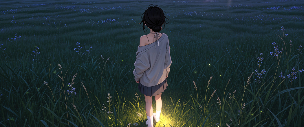 晚上绿草地女孩背影唯美4K动漫高清带鱼屏壁纸3440x1440免费下载