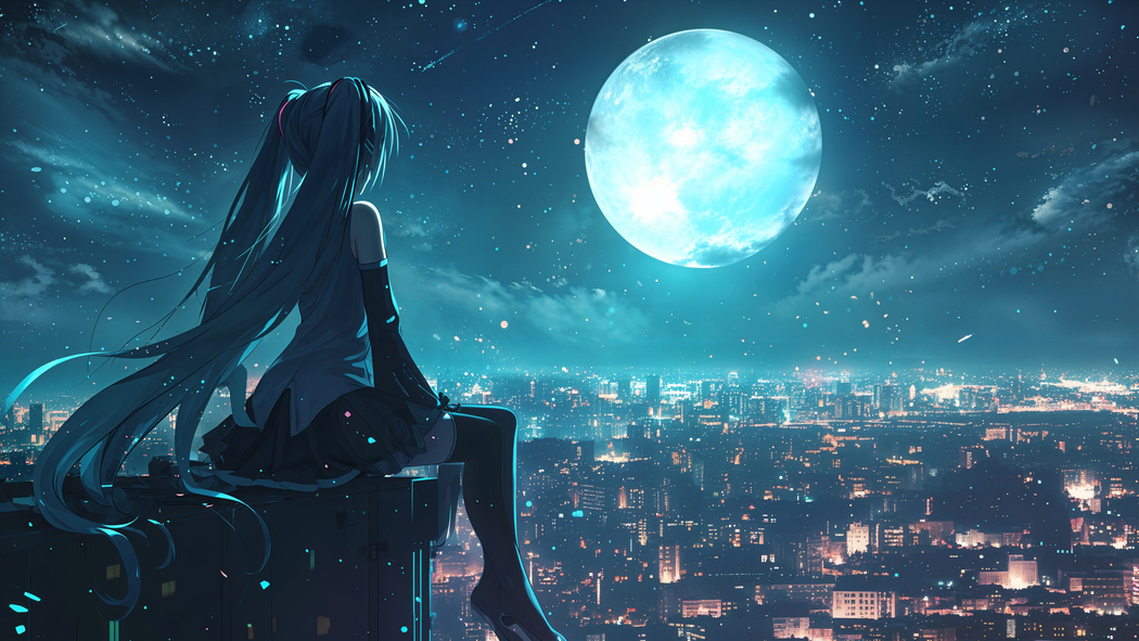 初音未来天台赏月 4K城市夜景动漫壁纸 初音未来天台赏月 4K城市夜景动漫壁纸