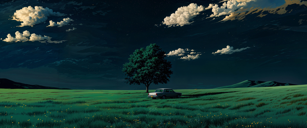 暗绿护眼绿草地风景 树与汽车 3440x1440 4K壁纸免费下载