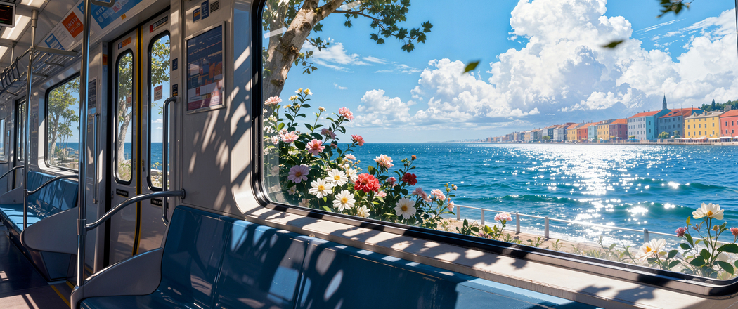 列车窗外海景 3440x1440 4K高清带鱼屏壁纸免费下载