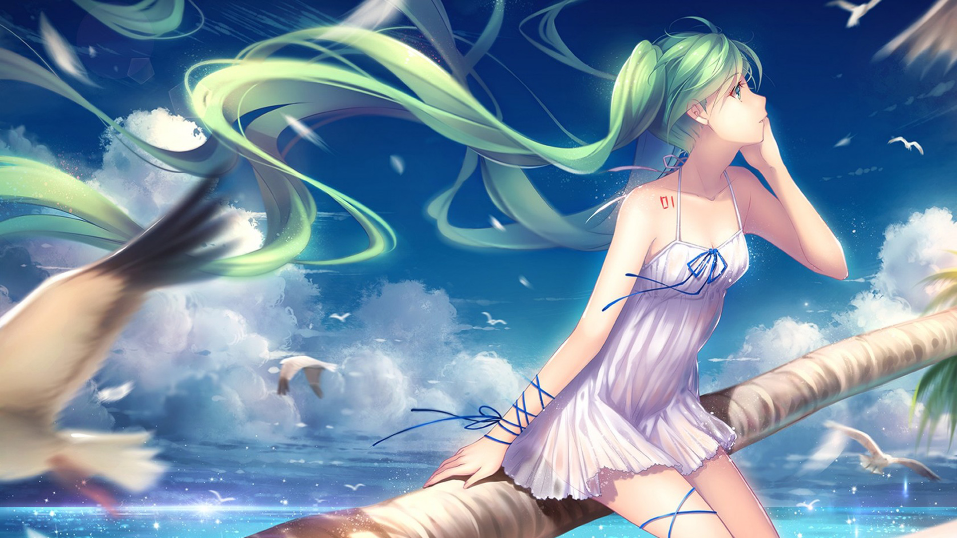 漂亮女孩与初音未来，小裙子舞动海鸥之海，天空下的VOCALOID动漫壁纸免费下载