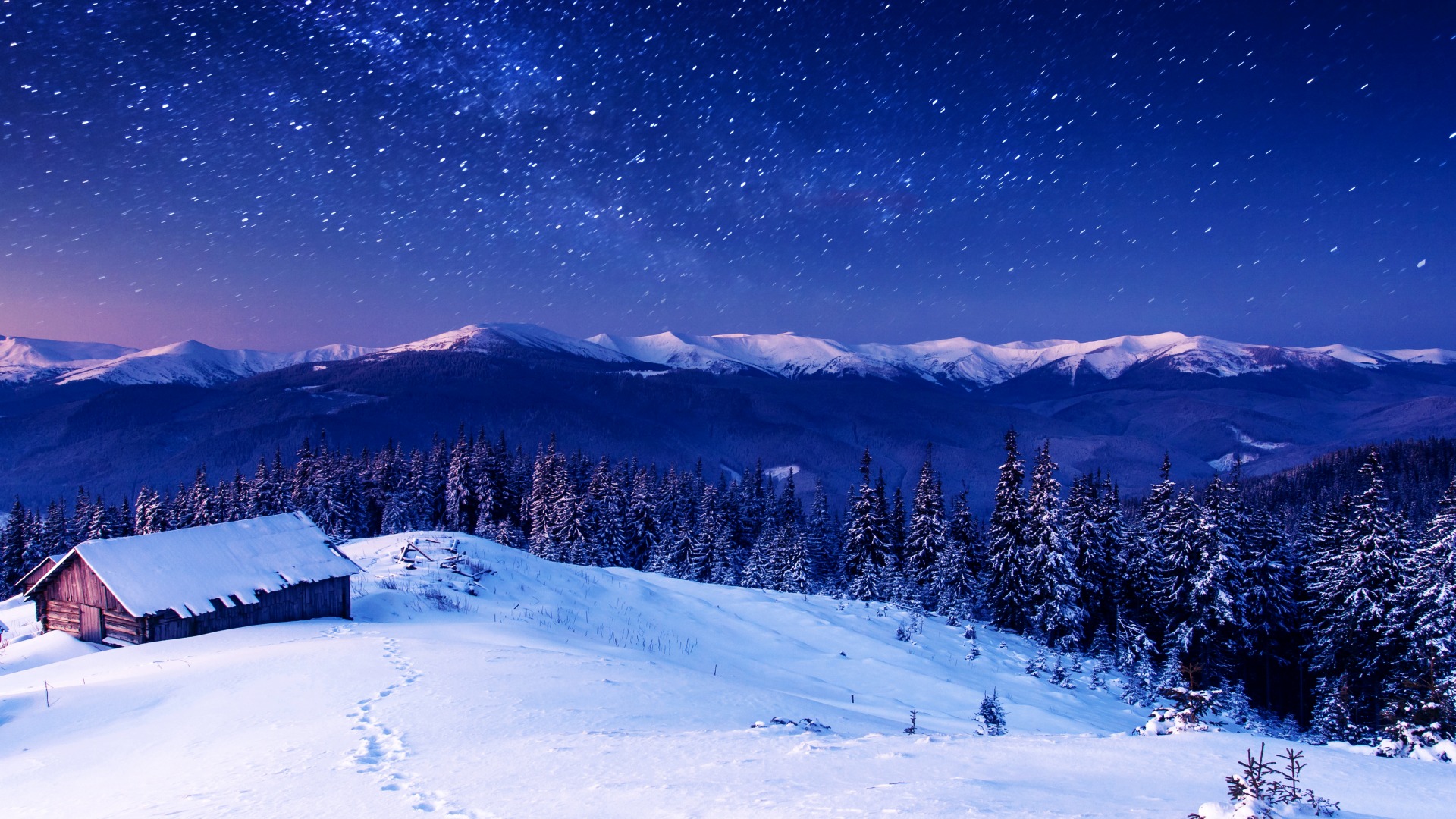 冬日自然美景，森林雪山树影，免费高清桌面壁纸下载