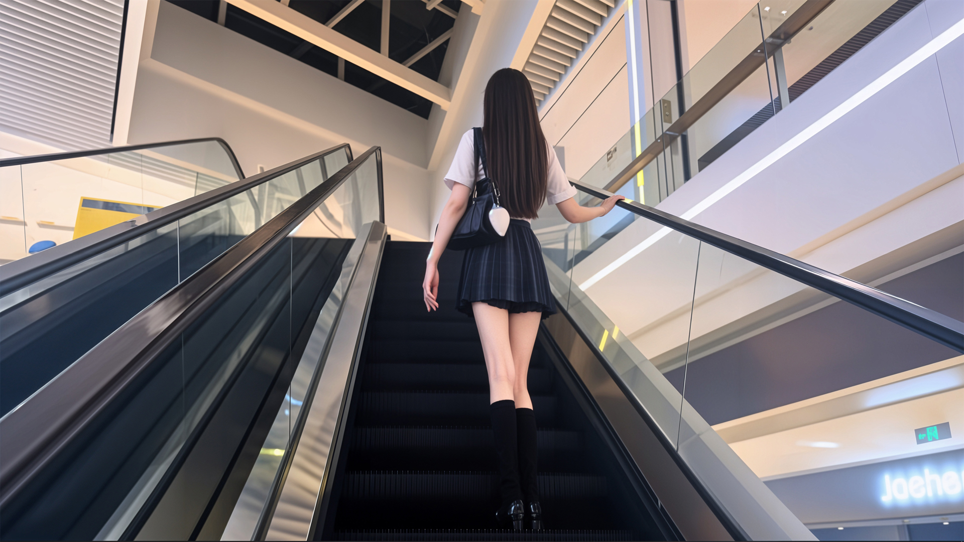 电梯长发美女背影2K高清免费电脑壁纸下载