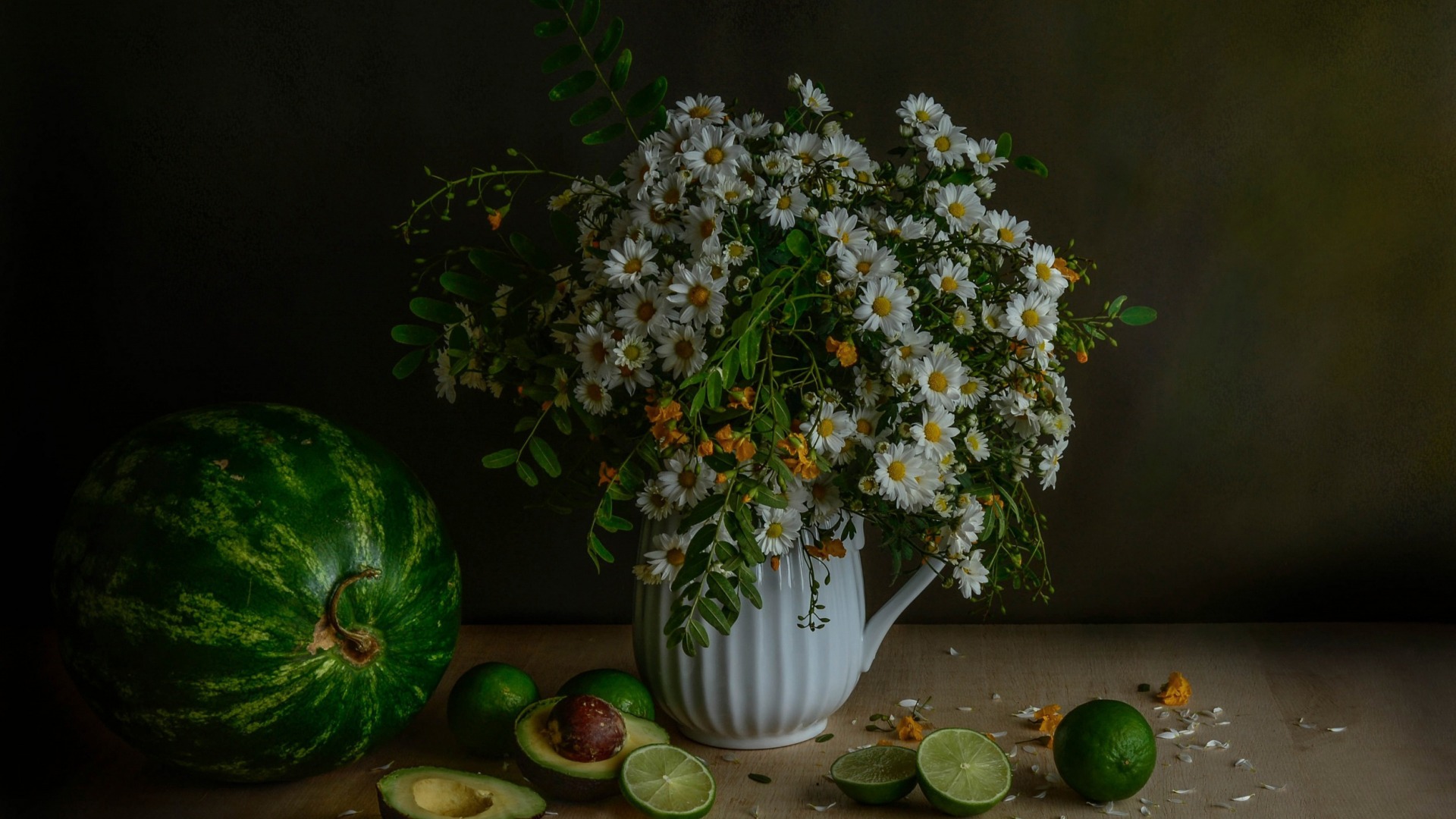 一束雏菊,西瓜,酪梨,石灰,静物写真,桌面壁纸