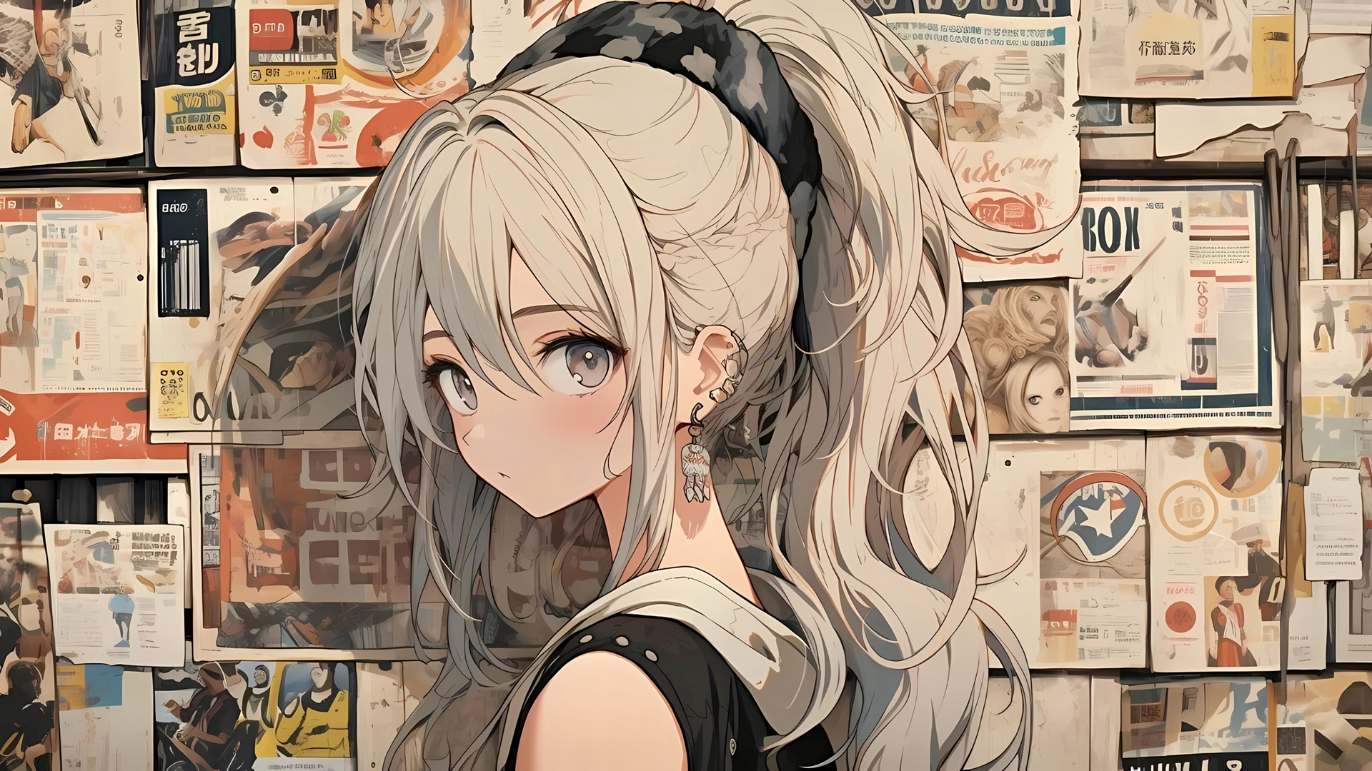 动漫美少女壁纸大赏，马尾辫造型精选，报纸墙风格电脑壁纸免费下载