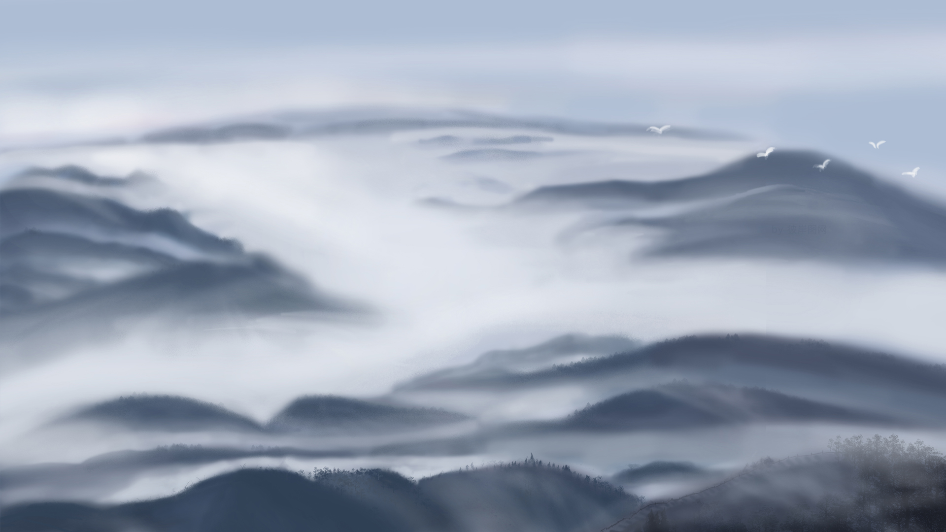 原创水墨画风景壁纸，山峦仙境云端高清美景，免费下载电脑壁纸