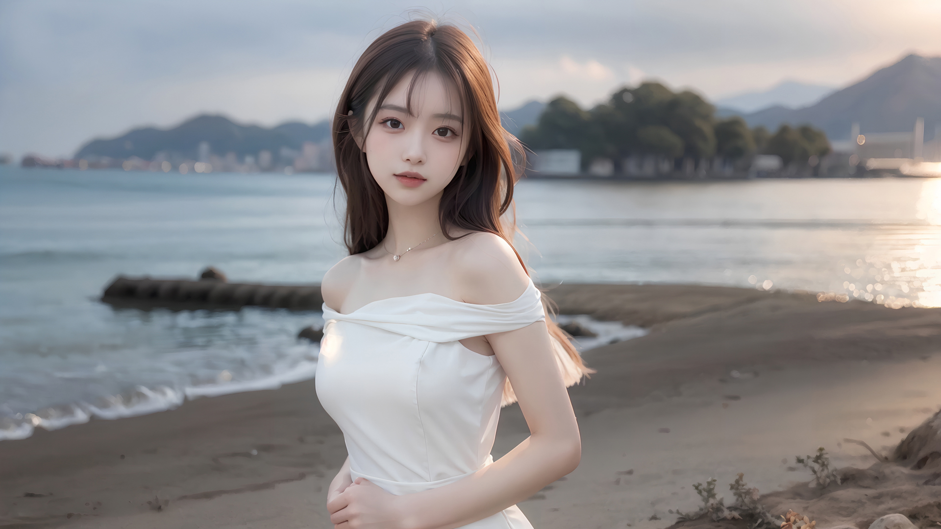 AI绘画佳作，海边清纯美女，白色裙子飘逸动人，免费电脑壁纸下载尽享动漫风情