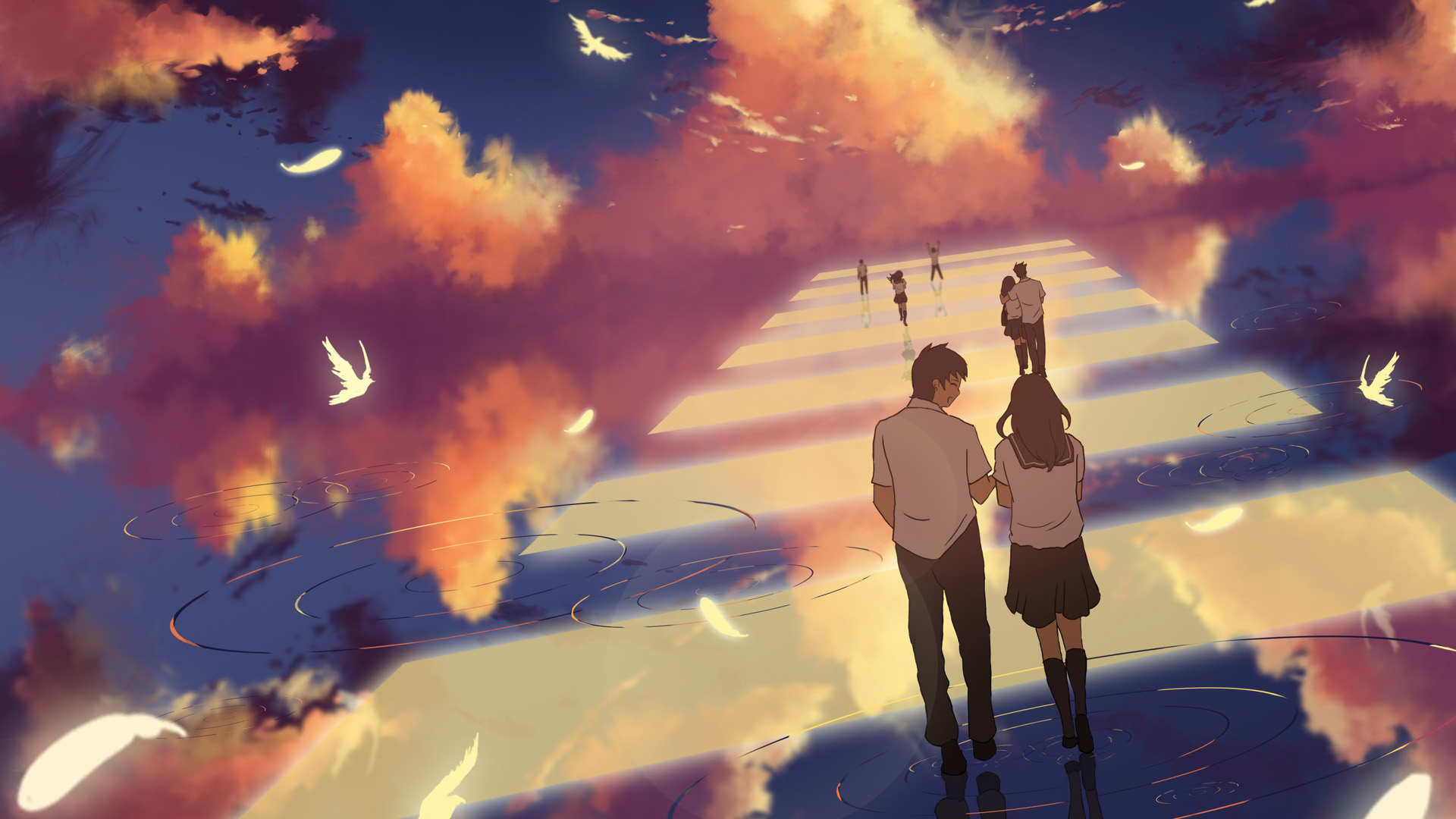 学生漫步天空，男女动漫角色电脑壁纸免费下载