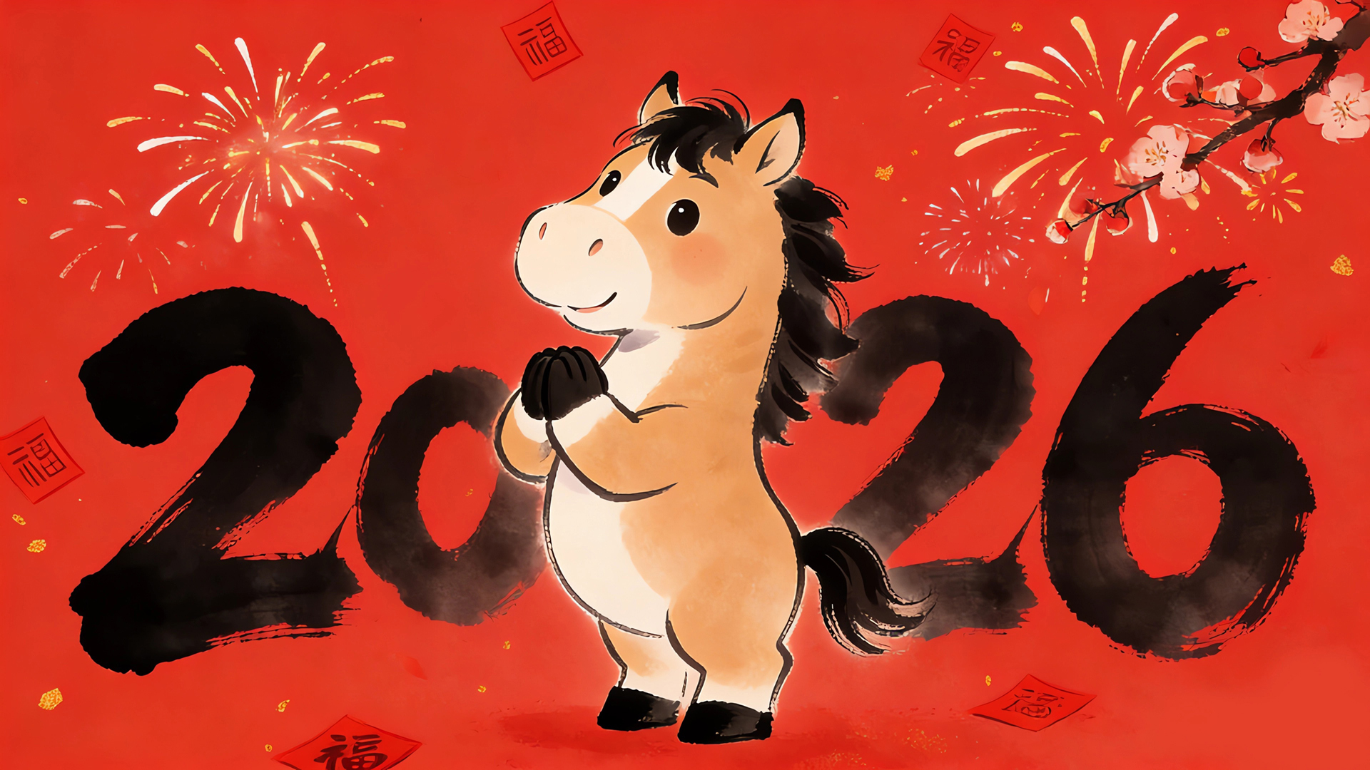 2026年小马许愿新年福字烟花电脑壁纸免费下载