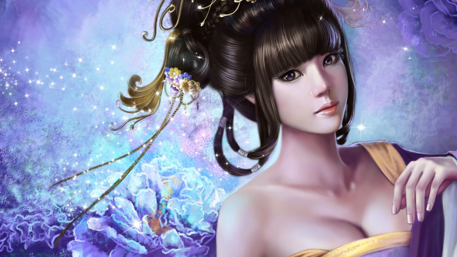 中国风古典美女发型珠宝花背景服装唯美壁纸，免费电脑壁纸下载