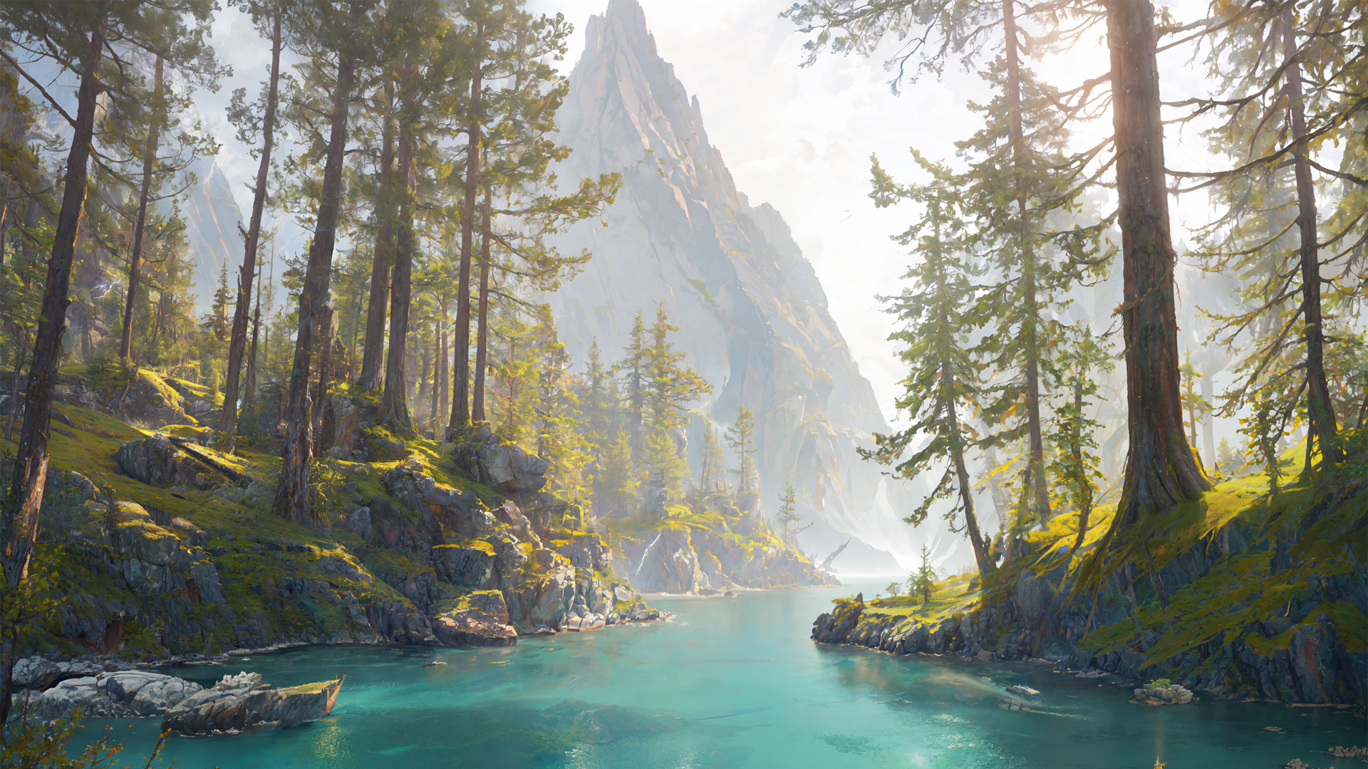 夏日山脉森林水彩画，免费下载绝美AI绘画风景电脑壁纸