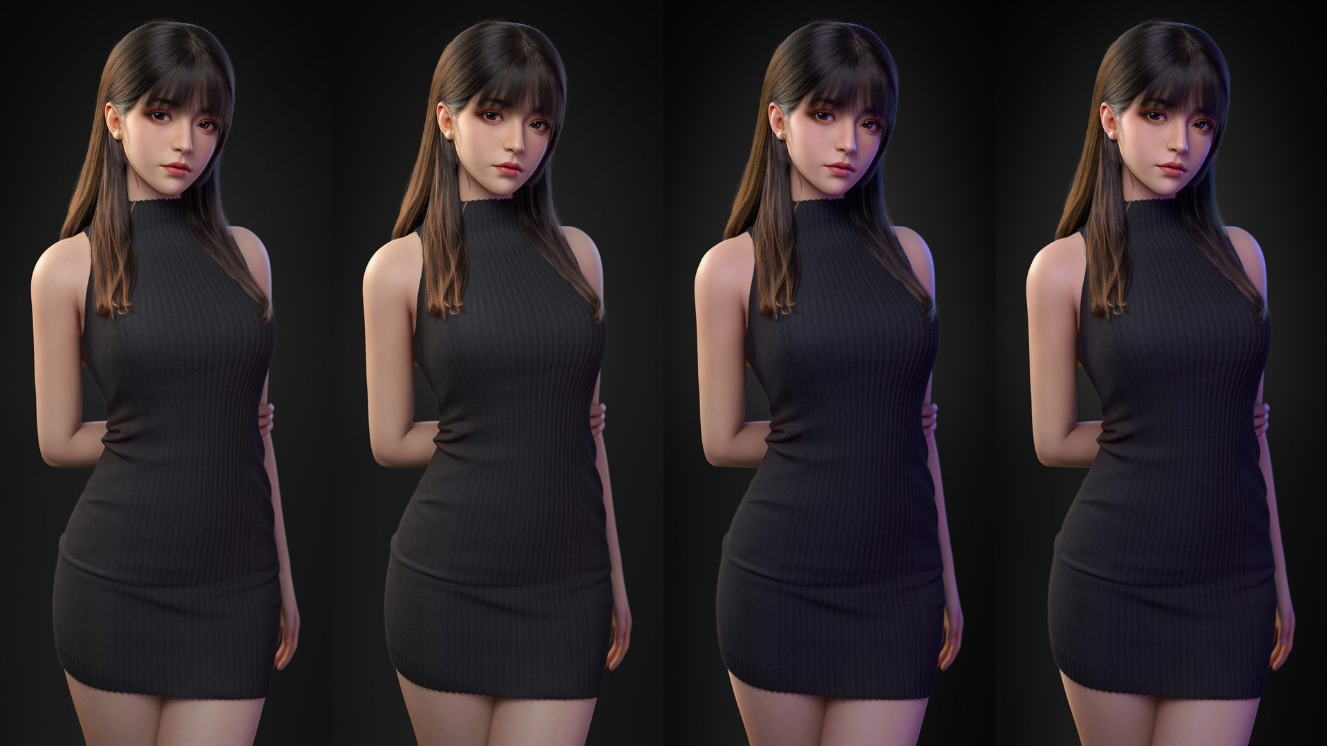 性感长发美女3D拼图壁纸，黑色毛衣裙展现迷人身材，免费电脑壁纸下载