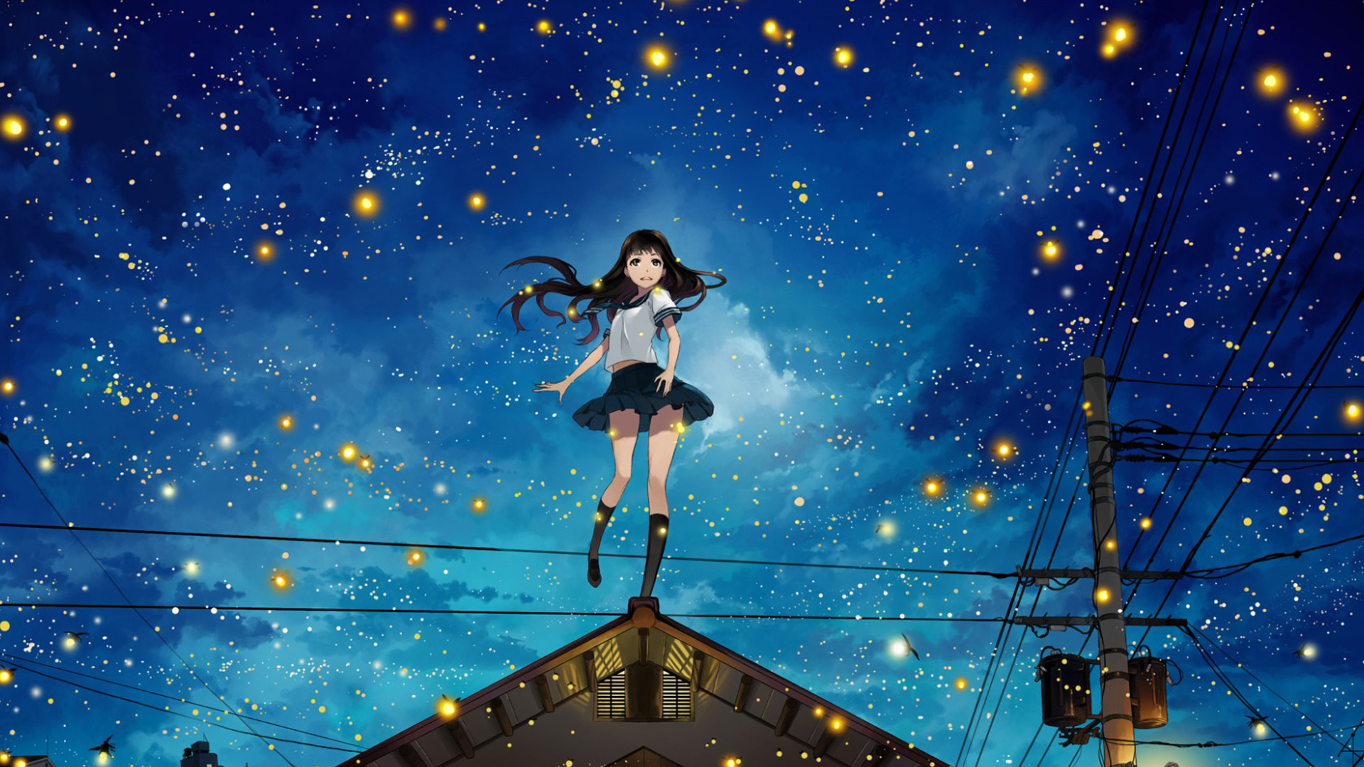 女孩夜登屋顶，梦幻动漫壁纸免费下载，装点你的电脑桌面