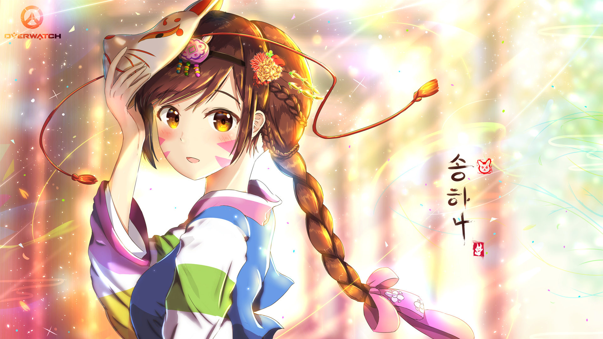 dva狐狸面具美少女壁纸，免费下载头发与花朵点缀的电脑壁纸