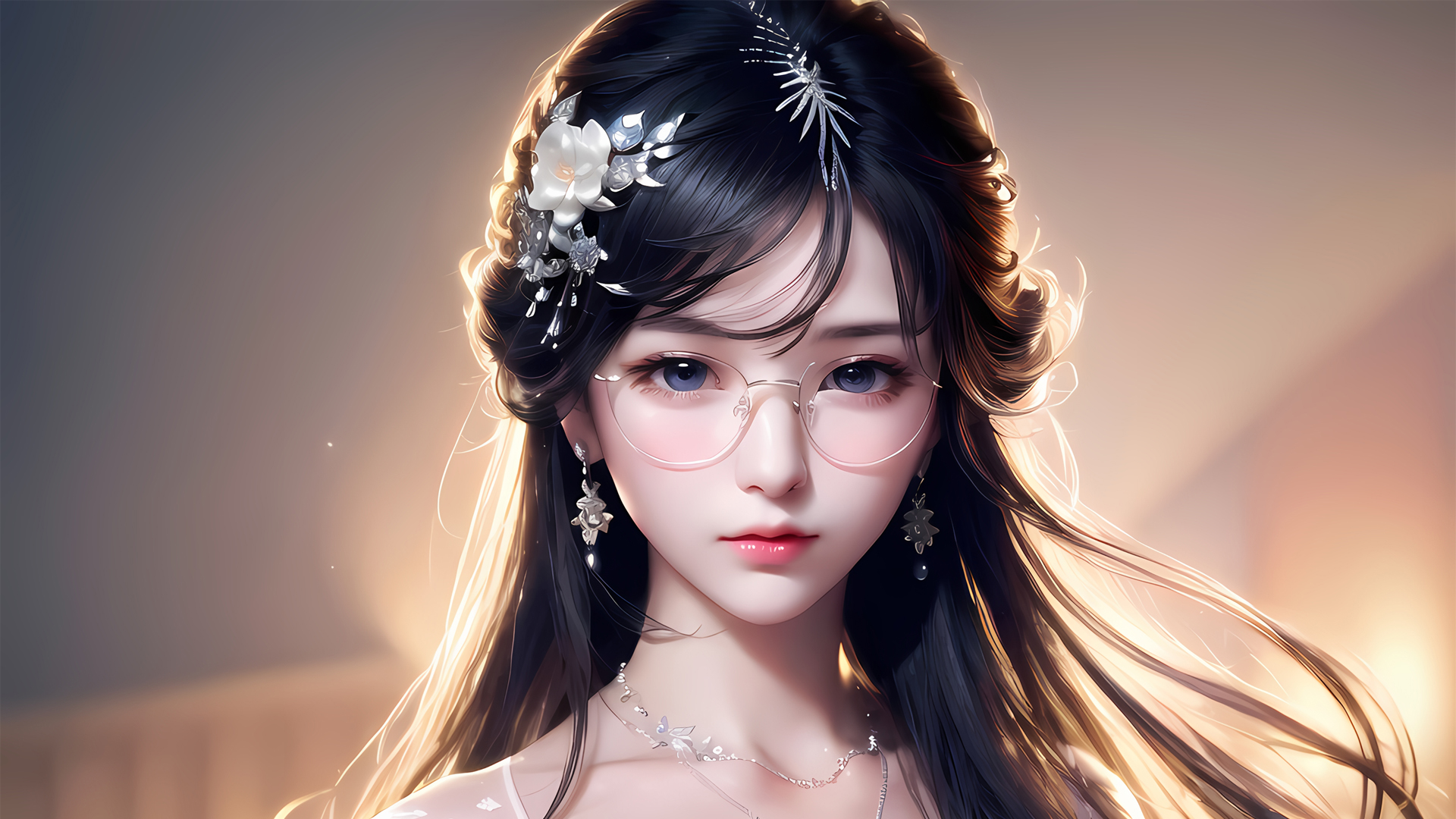 戴眼镜的长发美女佩戴耳环与项链，绝美动漫壁纸，免费电脑壁纸下载