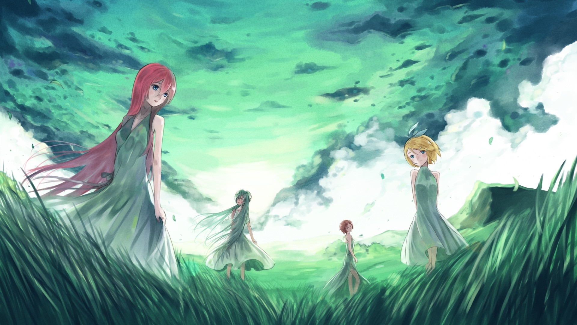 四个女孩，天空风景，明光，镜音铃，初音未来桌面壁纸