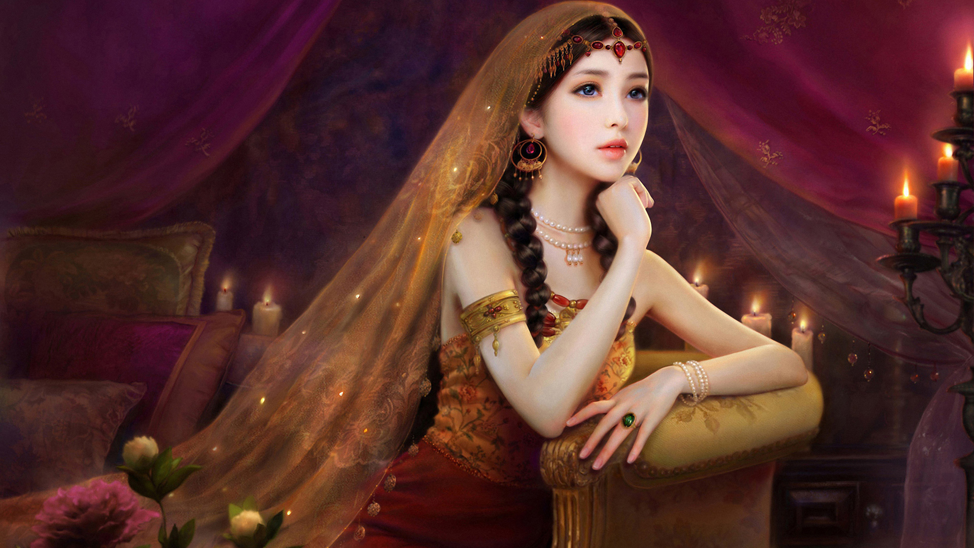 古典公主，唯美古装美女头巾蜡烛鲜花桌面壁纸，免费下载