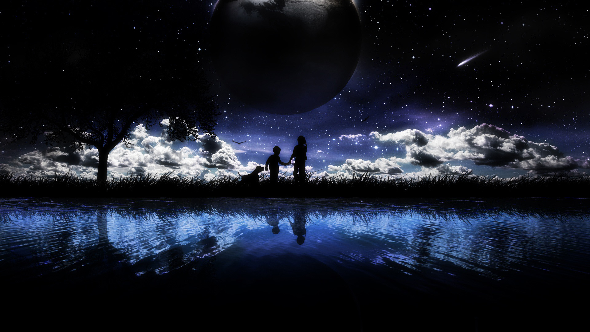 姐弟牵手夜游，小狗伴行树影下，星空璀璨映非主流壁纸，免费下载美化电脑桌面