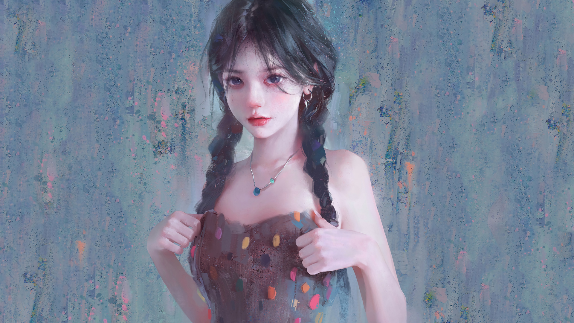 高清2K动漫壁纸下载，双马尾辫可爱女生，佩戴精致项链，电脑桌面美化首选