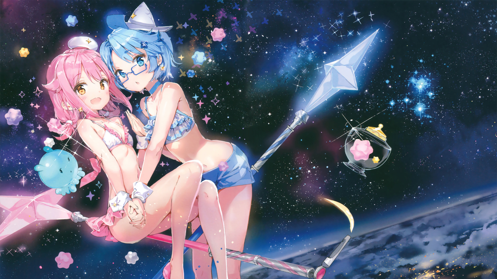 二次元女生星空比基尼短裤裙子，精美动漫桌面壁纸免费下载
