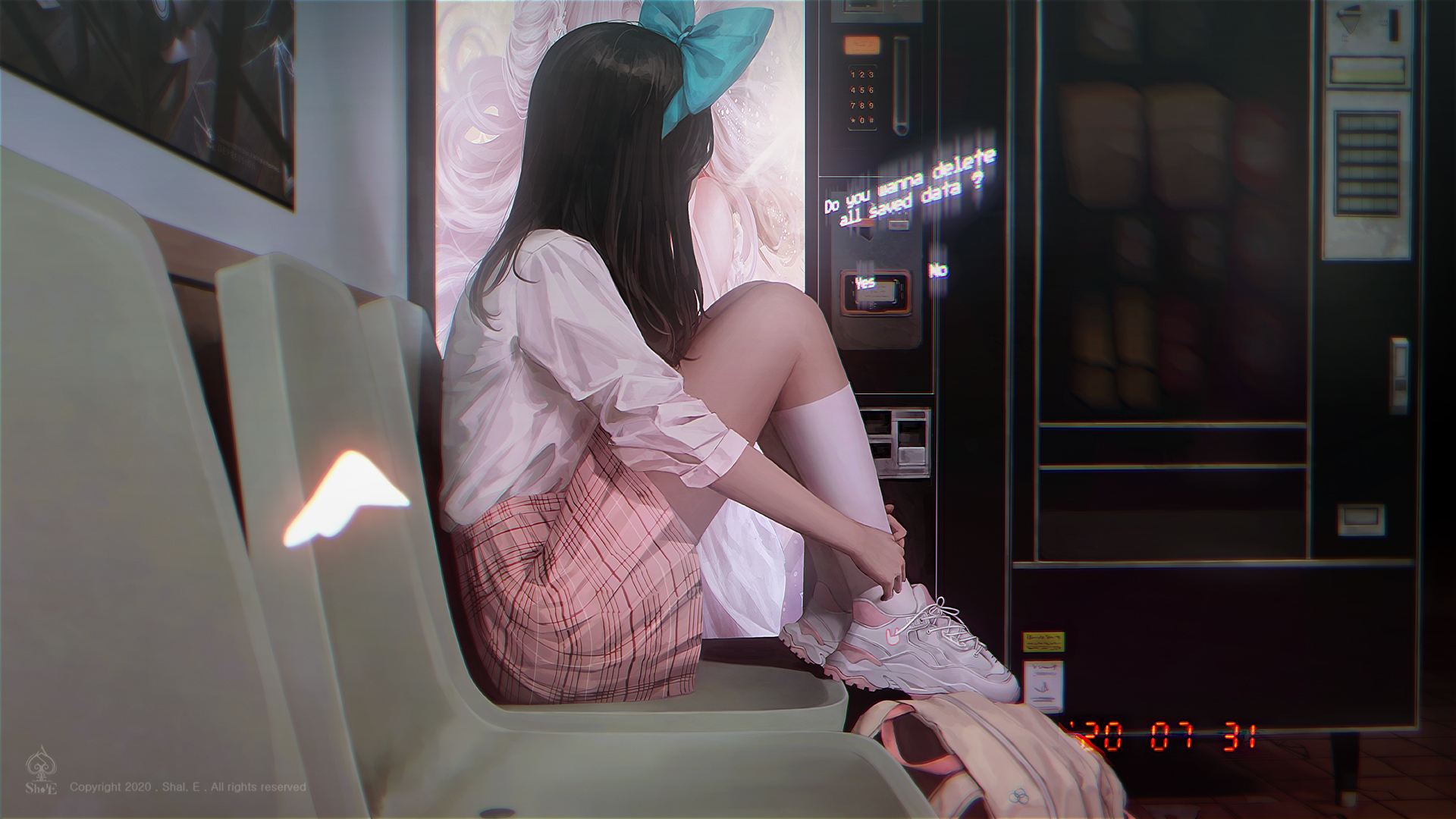 二次元动漫美图，女生候车厅倩影，蝴蝶头扣配白衬衫粉裙，运动鞋加持，绝美壁纸免费下载！