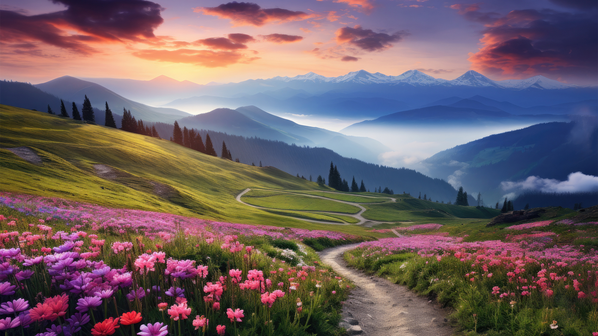 AI绘制绝美风景壁纸，大山小路鲜花映天空，云彩缭绕，免费下载尽享桌面美景！