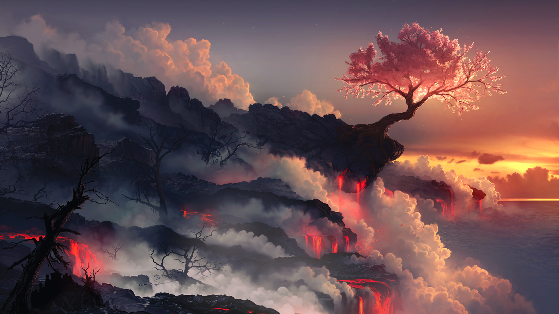 唯美天空云海火山树景，艺术级电脑壁纸免费下载