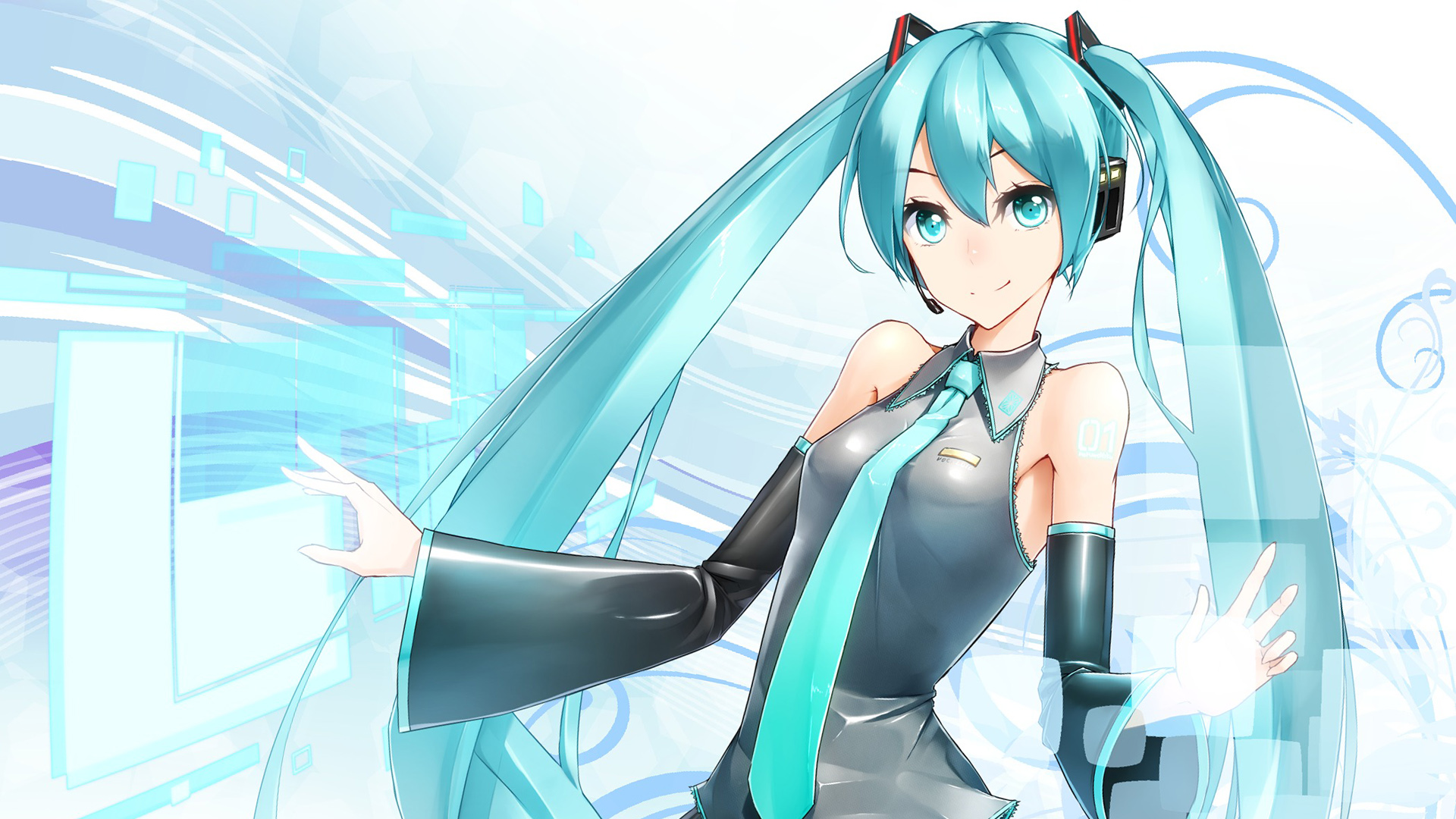 初音未来微笑女孩，动漫风格壁纸，长发领带，免费下载电脑桌面背景