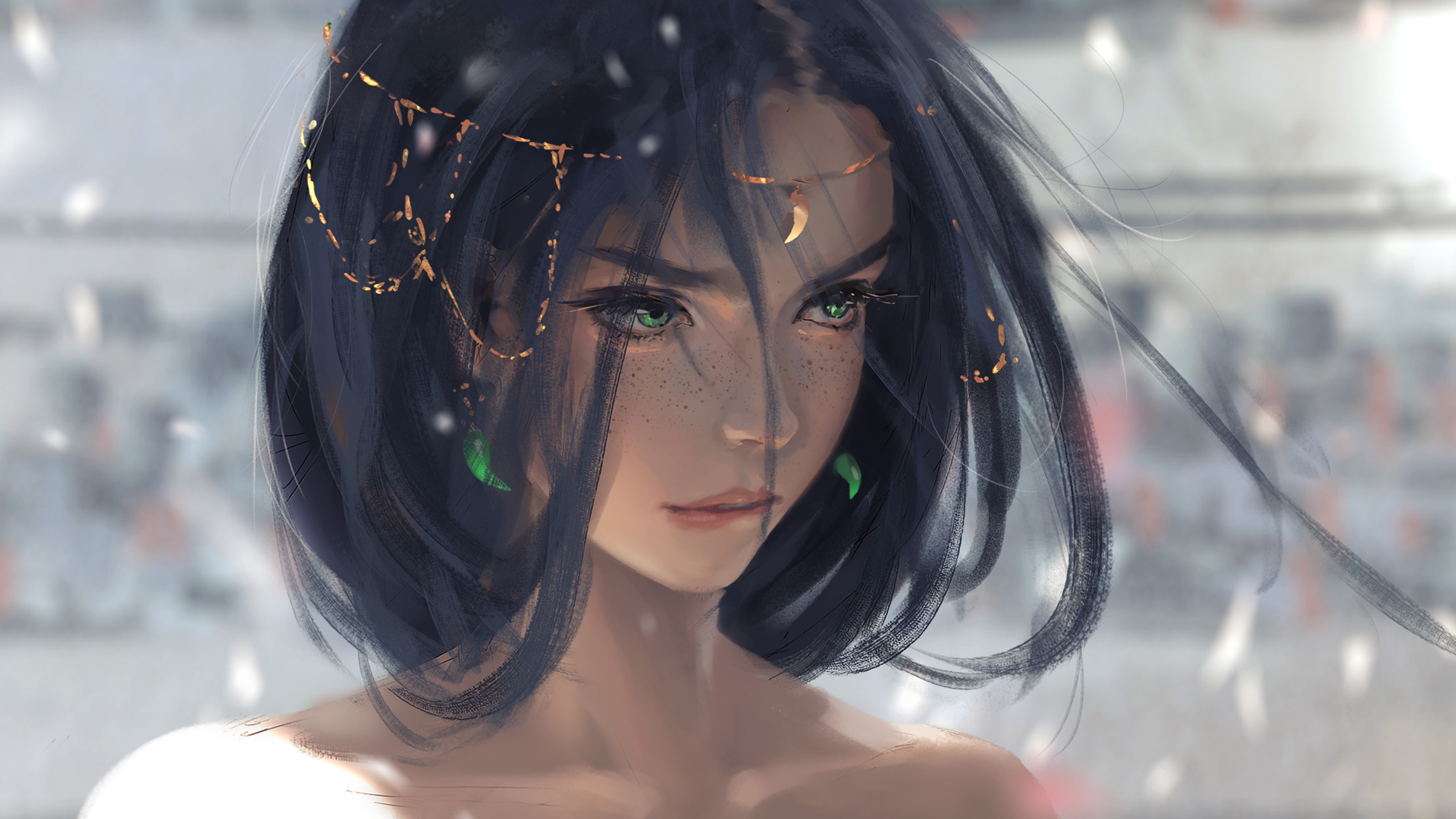 绿色眼眸女子咬唇图，精致头饰厚涂风，动漫壁纸高清免费下载