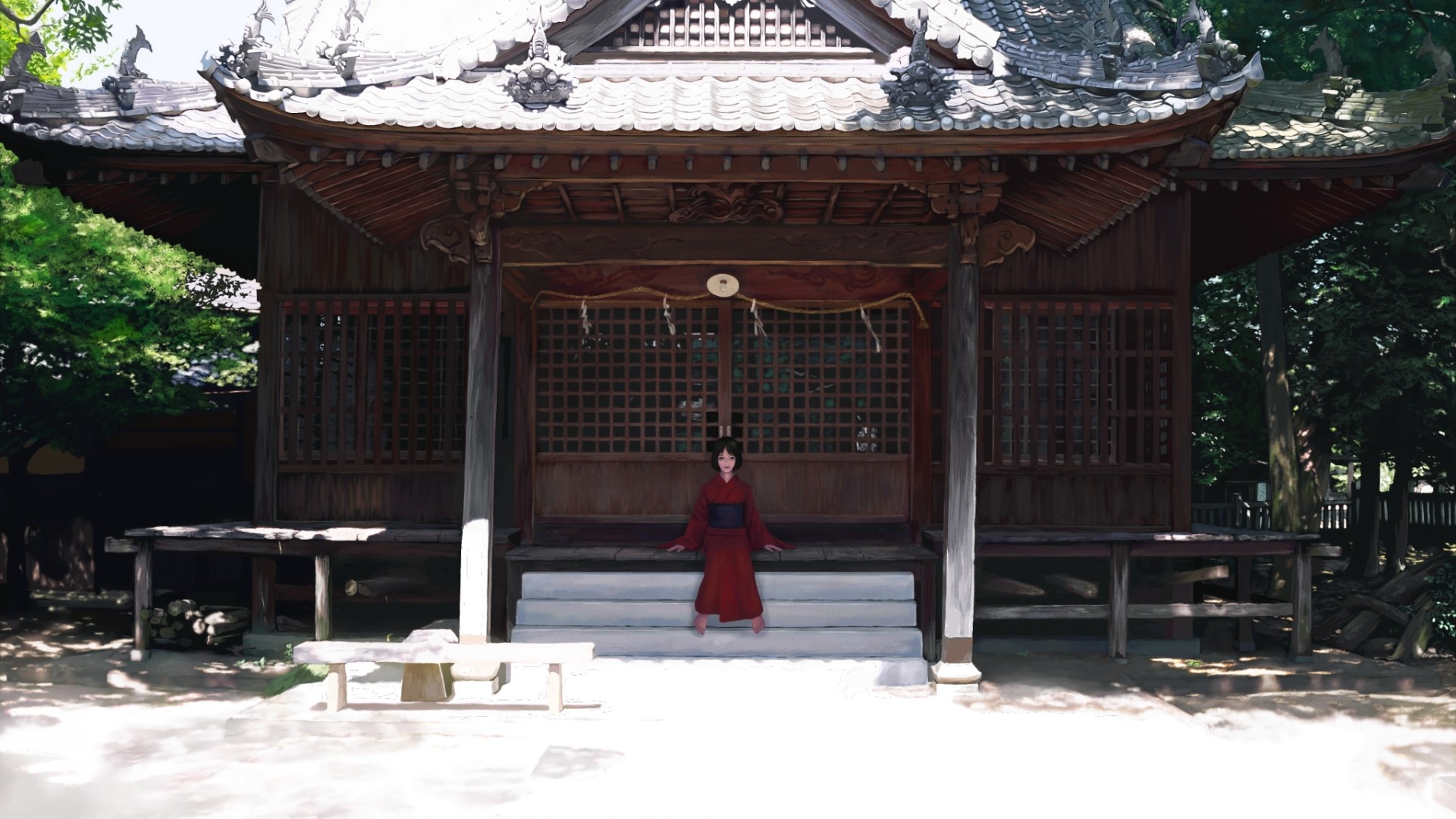 日本女孩身着和服静候于寺庙阶梯——绝美风景壁纸，免费下载装点桌面